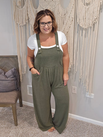 Karli Boho Ribbed Overalls - Olive Green