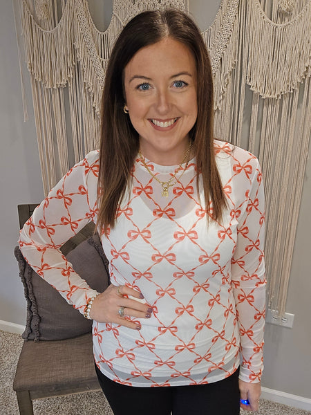 Dress It Up Long Sleeve Mesh Top - Red Bows