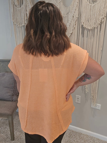 Raelynn Round Neck Waffle Top - Neon Coral