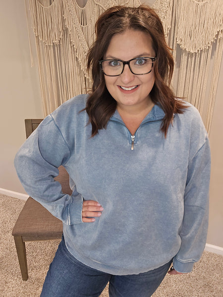 Austin Acid Wash Half Zip Pullover Sweater - Blue Gray