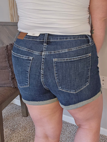 Bethany High Rise Criss Cross Waistband Denim Shorts