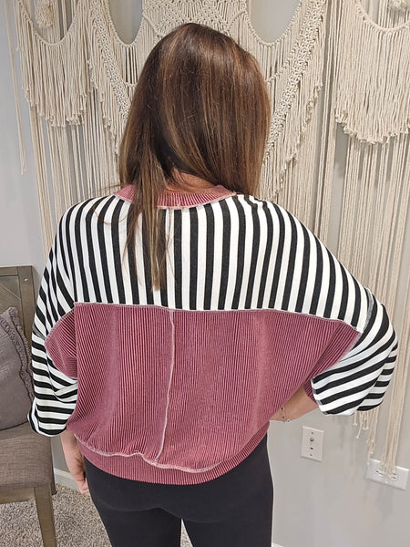 Pull Yourself Together Striped Long Sleeve Shirt - Black + Wine