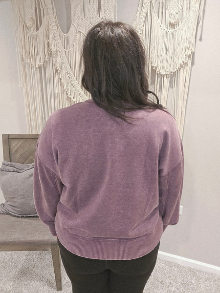 Home Sweet Home Acid Wash Pullover Sweater - Eggplant