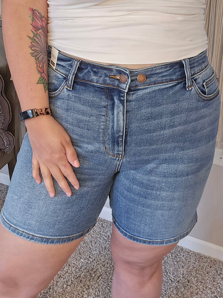 Brianna Mid Rise Double Button Mid Length Denim Shorts