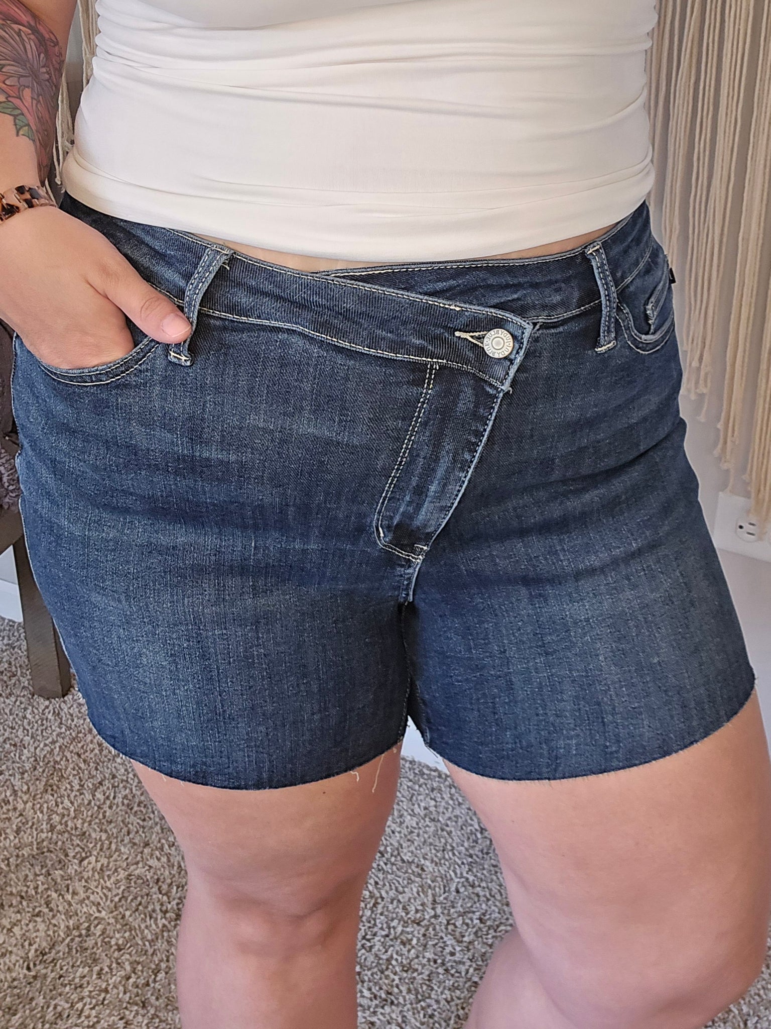 Bethany High Rise Criss Cross Waistband Denim Shorts