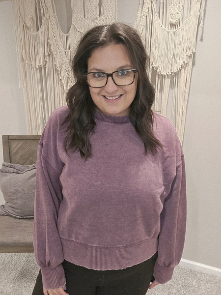 Home Sweet Home Acid Wash Pullover Sweater - Eggplant