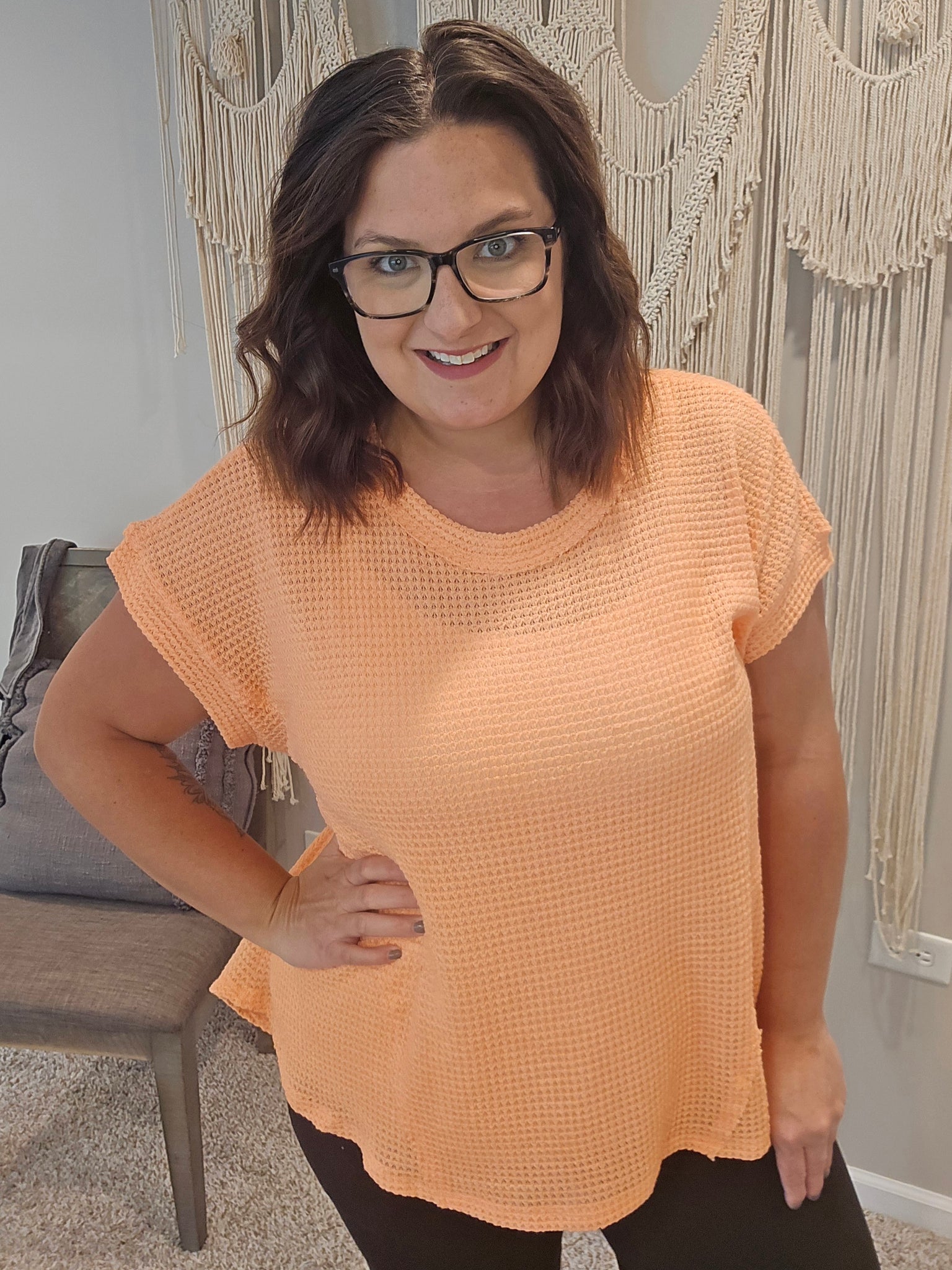 Raelynn Round Neck Waffle Top - Neon Coral