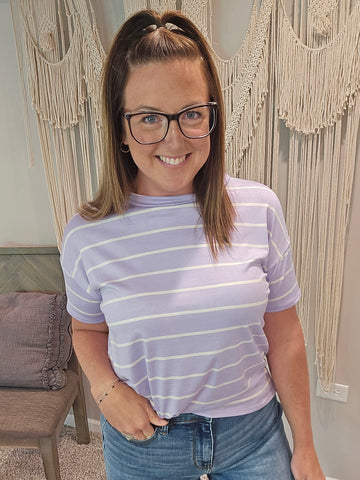 Leah Loose Fit Striped Tee - Lilac Purple