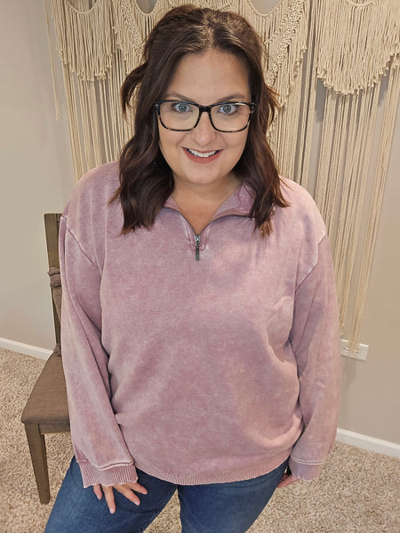 Austin Acid Wash Half Zip Pullover Sweater - Light Rose