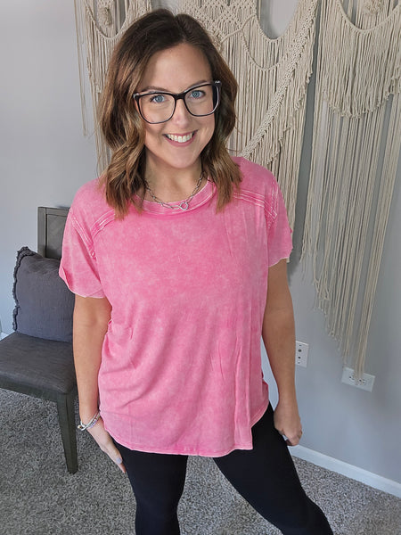 Rachel Ribbed Short Sleeve Tee - Fuschia