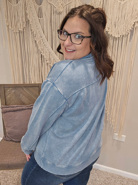 Austin Acid Wash Half Zip Pullover Sweater - Blue Gray