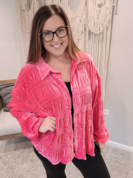 Feeling Fuchsia Velvet Button Down