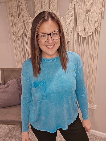 Rooftop Retreat Ribbed Long Sleeve Top - Light Teal