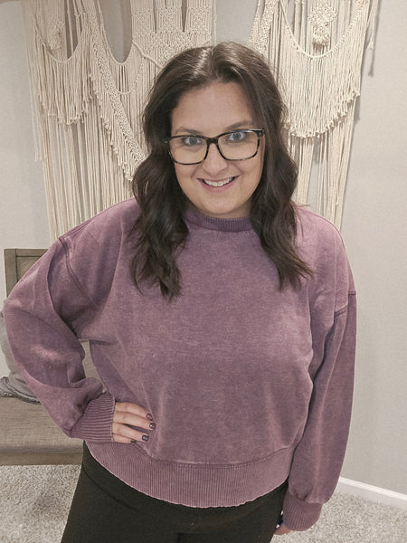 Home Sweet Home Acid Wash Pullover Sweater - Eggplant