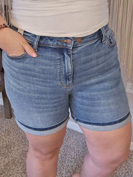 Brianna Mid Rise Double Button Mid Length Denim Shorts