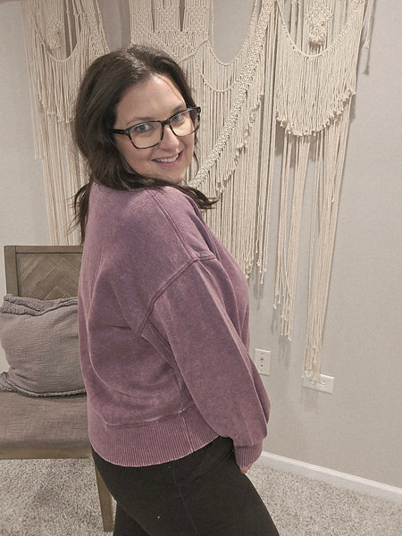Home Sweet Home Acid Wash Pullover Sweater - Eggplant