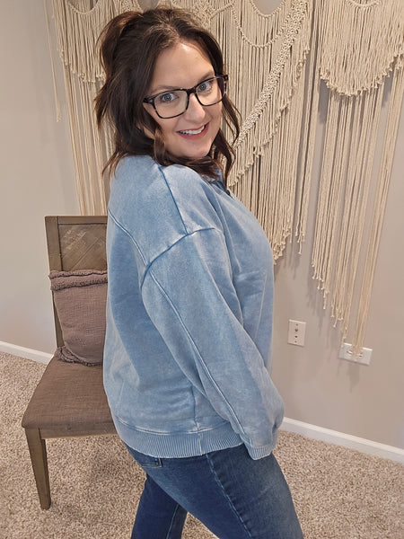 Austin Acid Wash Half Zip Pullover Sweater - Blue Gray