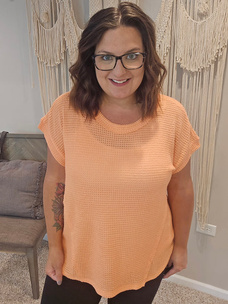 Raelynn Round Neck Waffle Top - Neon Coral