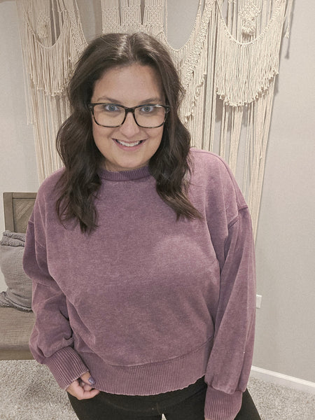 Home Sweet Home Acid Wash Pullover Sweater - Eggplant